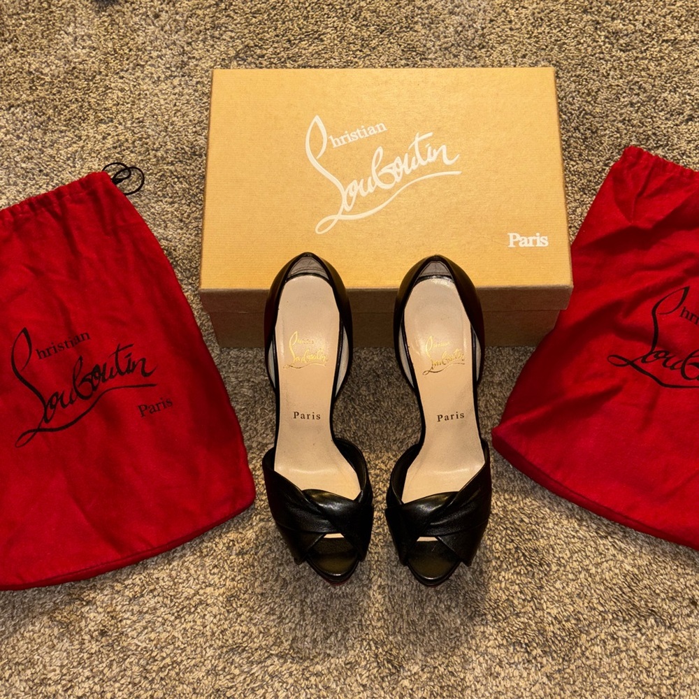 Christian Louboutin Volpi Black Leather Wrap Platform Heels 37.5 7.5